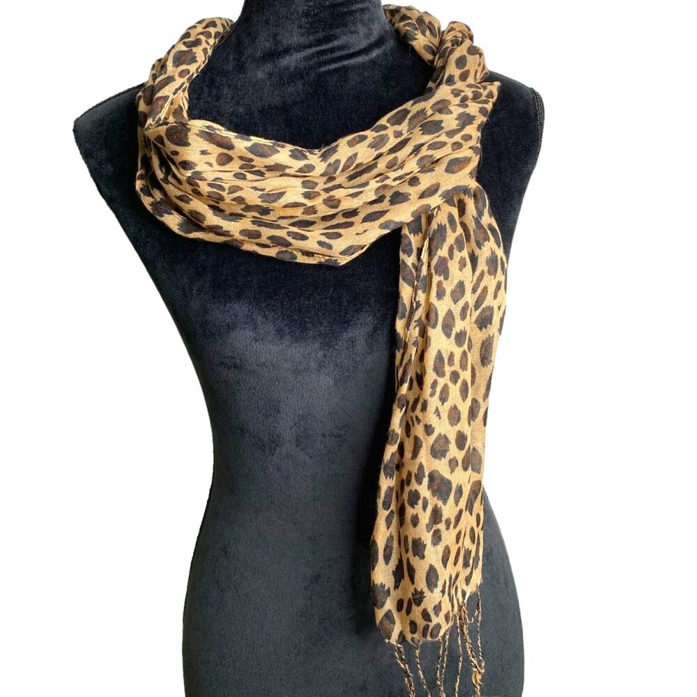 Womens Tan and Black Leopard Print Fringed Polyester Voile Scarf 66"X16" Mobwife